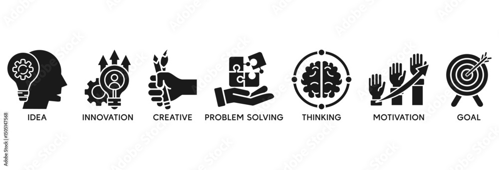 Obraz premium Creativity icon set vector illustration concept relate to idea, innovation, creative, problem solving, thinking, motivation, goal