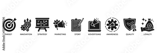 Branding icon set vector illustration concept relate to target, innovation, strategy, marketing, story, advertising, awareness, quality and loyalty