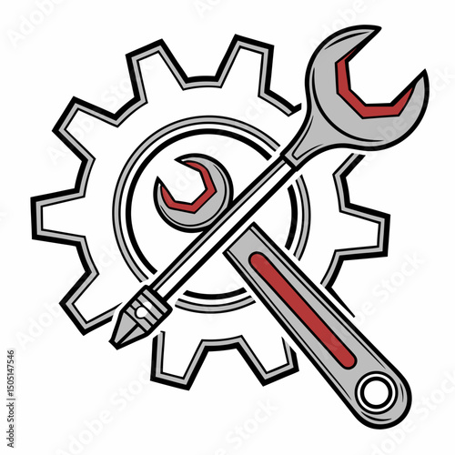 Vector illustration of gear and wrench symbol representing electronics maintenance, isolated on white background