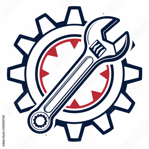 Vector illustration of gear and wrench symbol representing electronics maintenance, isolated on white background