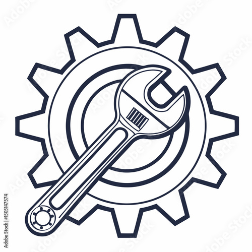 Vector illustration of gear and wrench symbol representing electronics maintenance, isolated on white background