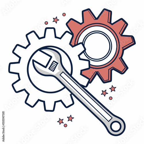 Vector illustration of gear and wrench symbol representing electronics maintenance, isolated on white background