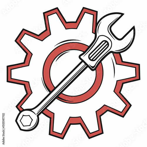 Vector illustration of gear and wrench symbol representing electronics maintenance, isolated on white background