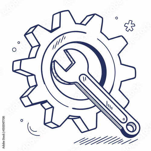 Vector illustration of gear and wrench symbol representing electronics maintenance, isolated on white background