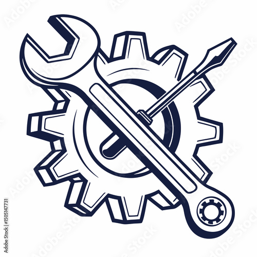 Vector illustration of gear and wrench symbol representing electronics maintenance, isolated on white background