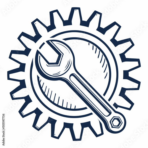 Vector illustration of gear and wrench symbol representing electronics maintenance, isolated on white background
