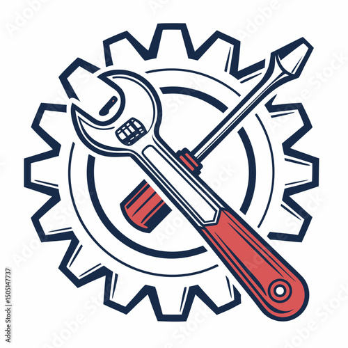 Vector illustration of gear and wrench symbol representing electronics maintenance, isolated on white background