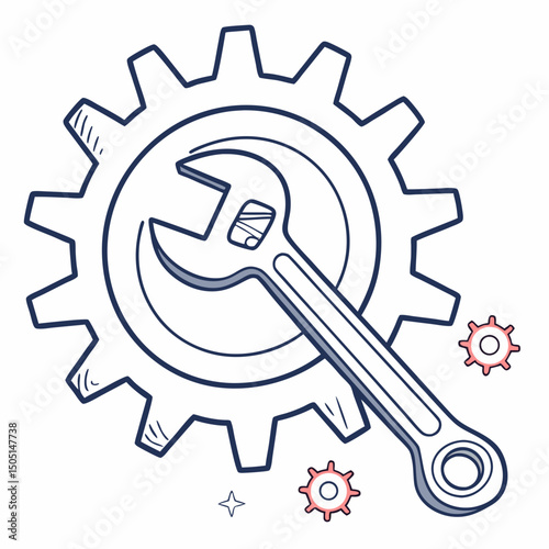 Vector illustration of gear and wrench symbol representing electronics maintenance, isolated on white background