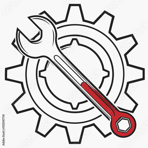 Vector illustration of gear and wrench symbol representing electronics maintenance, isolated on white background