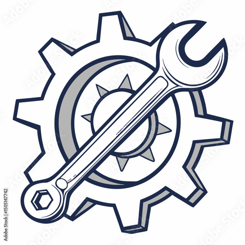 Vector illustration of gear and wrench symbol representing electronics maintenance, isolated on white background