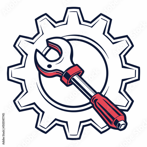 Vector illustration of gear and wrench symbol representing electronics maintenance, isolated on white background