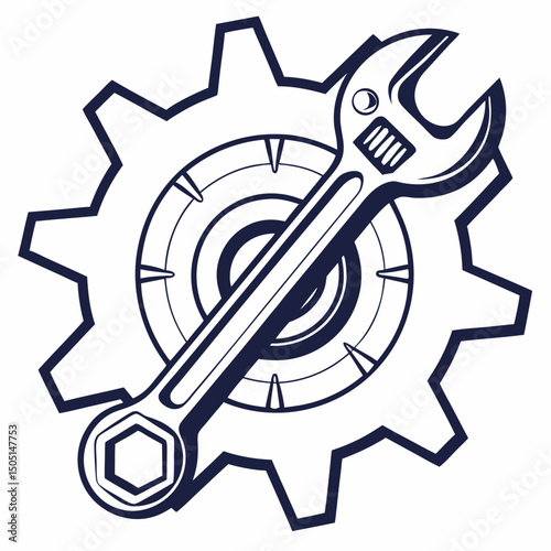 Vector illustration of gear and wrench symbol representing electronics maintenance, isolated on white background