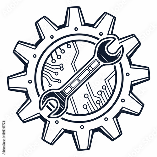 Vector illustration of gear and wrench symbol representing electronics maintenance, isolated on white background