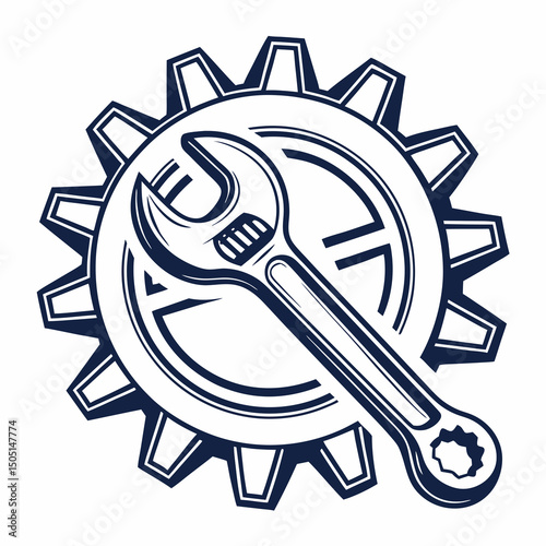 Vector illustration of gear and wrench symbol representing electronics maintenance, isolated on white background