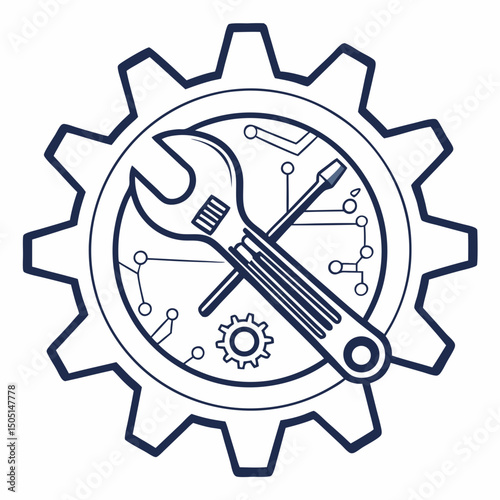 Vector illustration of gear and wrench symbol representing electronics maintenance, isolated on white background