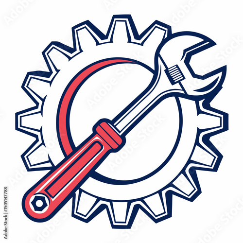 Vector illustration of gear and wrench symbol representing electronics maintenance, isolated on white background