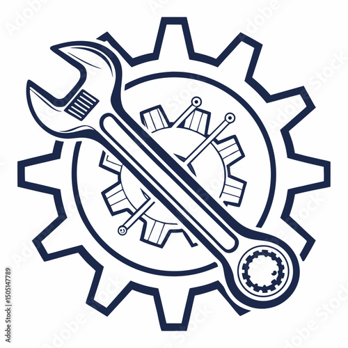 Vector illustration of gear and wrench symbol representing electronics maintenance, isolated on white background