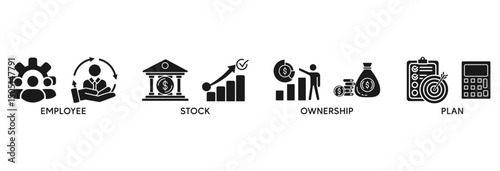 Esop icon set vector illustration concept relate to employee stock ownership plan with icon of management, bank, graph, fund, investment and statistics