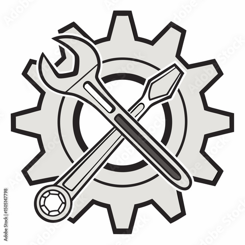 Vector illustration of gear and wrench symbol representing electronics maintenance, isolated on white background