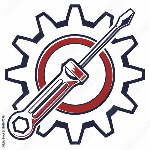 Vector illustration of gear and wrench symbol representing electronics maintenance, isolated on white background