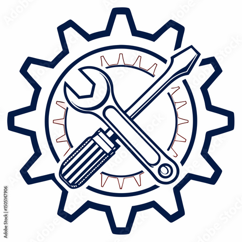 Vector illustration of gear and wrench symbol representing electronics maintenance, isolated on white background
