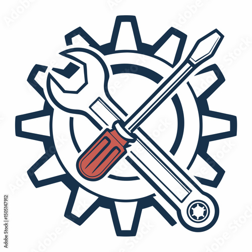 Vector illustration of gear and wrench symbol representing electronics maintenance, isolated on white background
