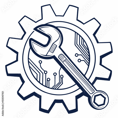 Vector illustration of gear and wrench symbol representing electronics maintenance, isolated on white background