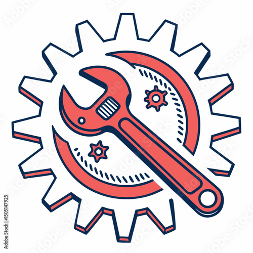 Vector illustration of gear and wrench symbol representing electronics maintenance, isolated on white background