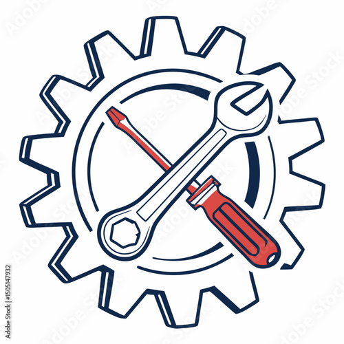 Vector illustration of gear and wrench symbol representing electronics maintenance, isolated on white background