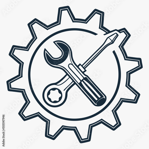 Vector illustration of gear and wrench symbol representing electronics maintenance, isolated on white background