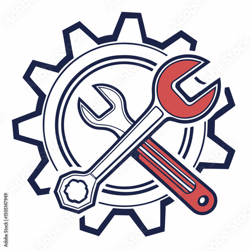 Vector illustration of gear and wrench symbol representing electronics maintenance, isolated on white background