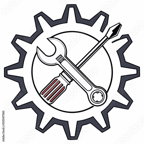Vector illustration of gear and wrench symbol representing electronics maintenance, isolated on white background