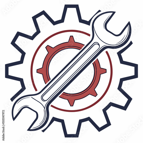 Vector illustration of gear and wrench symbol representing electronics maintenance, isolated on white background
