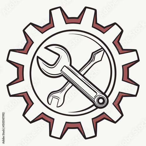 Vector illustration of gear and wrench symbol representing electronics maintenance, isolated on white background