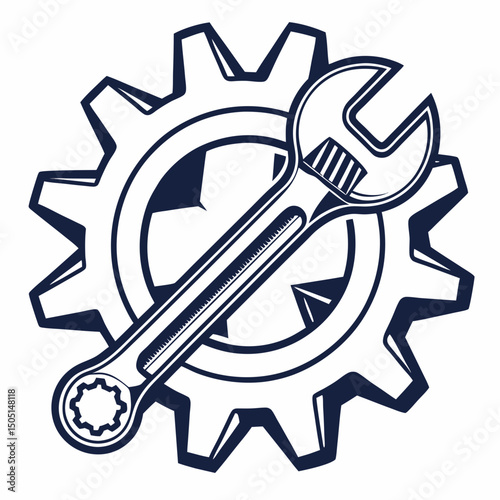 Vector illustration of gear and wrench symbol representing electronics maintenance, isolated on white background