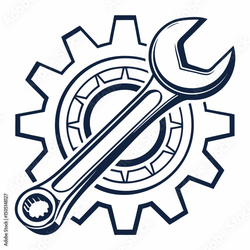 Vector illustration of gear and wrench symbol representing electronics maintenance, isolated on white background