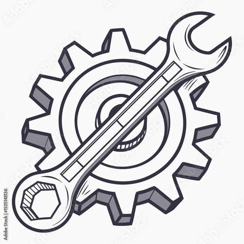 Vector illustration of gear and wrench symbol representing electronics maintenance, isolated on white background