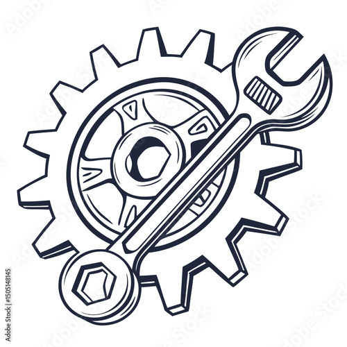 Vector illustration of gear and wrench symbol representing electronics maintenance, isolated on white background