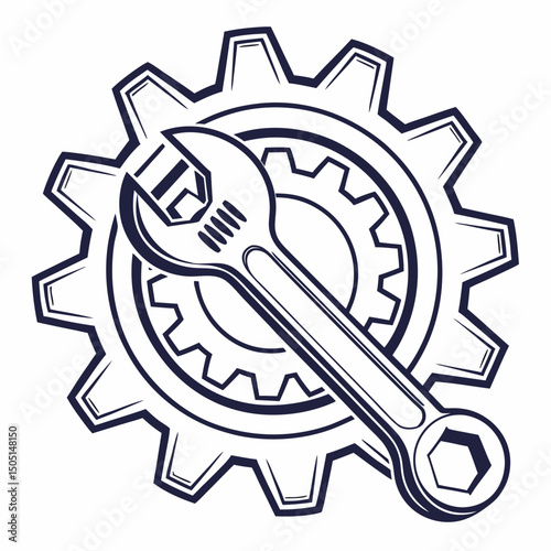 Vector illustration of gear and wrench symbol representing electronics maintenance, isolated on white background