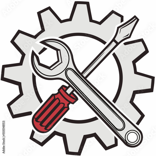 Vector illustration of gear and wrench symbol representing electronics maintenance, isolated on white background