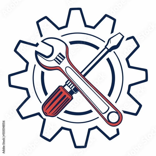 Vector illustration of gear and wrench symbol representing electronics maintenance, isolated on white background