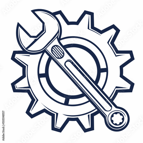 Vector illustration of gear and wrench symbol representing electronics maintenance, isolated on white background