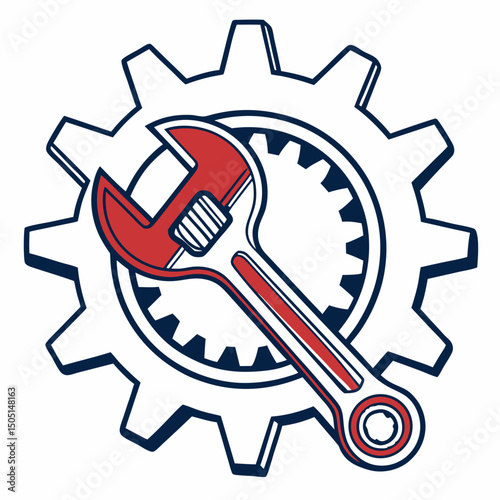 Vector illustration of gear and wrench symbol representing electronics maintenance, isolated on white background