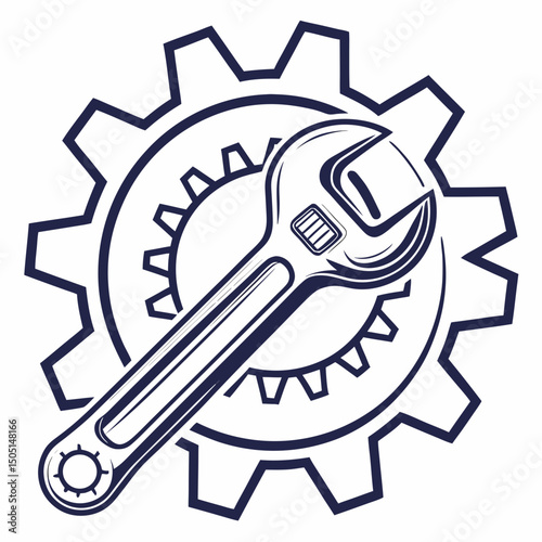 Vector illustration of gear and wrench symbol representing electronics maintenance, isolated on white background