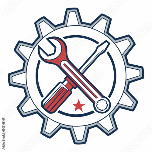 Vector illustration of gear and wrench symbol representing electronics maintenance, isolated on white background