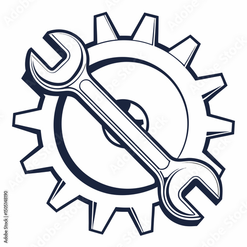 Vector illustration of gear and wrench symbol representing electronics maintenance, isolated on white background