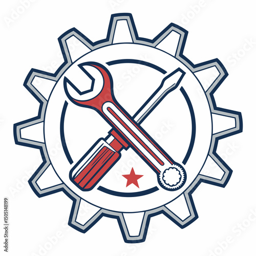Vector illustration of gear and wrench symbol representing electronics maintenance, isolated on white background