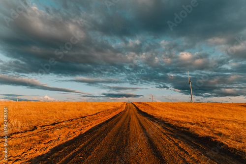 Long dirt road stretches toward distant wind turbines. photo