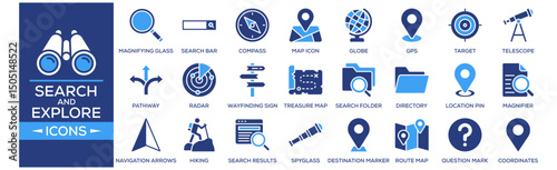 Search and Explore icon set. Containing design Magnifying Glass, Search Bar, Compass, Map Icon, Globe. Solid icon collection.