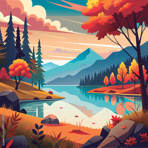 Autumn lake scenery with vibrant colors.